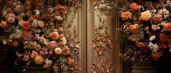 The door is decorated with flowers. In a retro rococo style