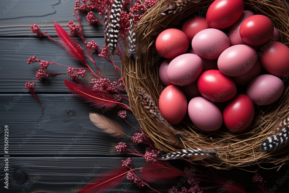 Poster a bird's nest filled with red eggs on top of a table next to feathers and a feather quill.