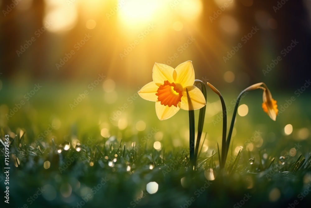 Poster two yellow daffodils in the grass with the sun shining through the trees in the backround.
