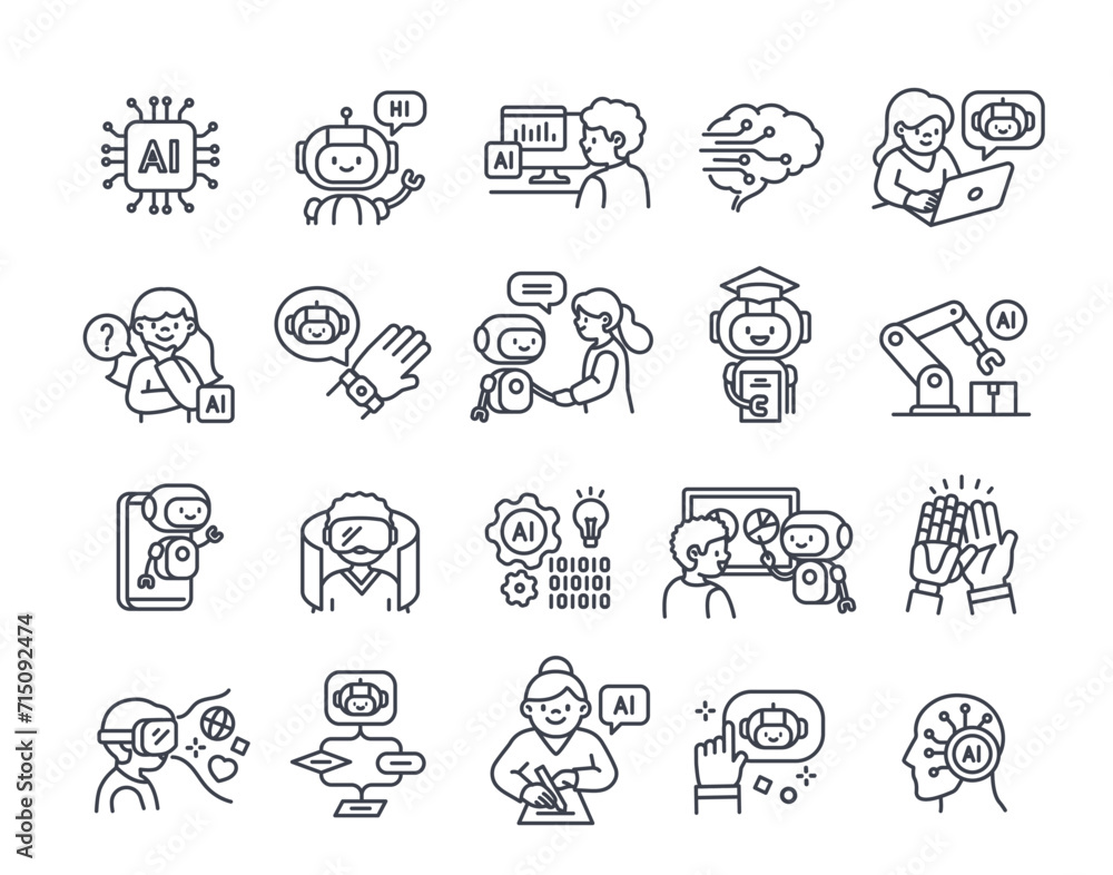 Poster set of artificial intelligence line icons. neural network, cyborg, digital brain, ai and chat bot. m