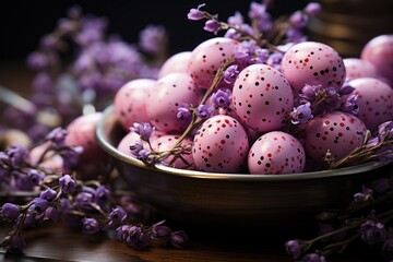 Obraz na płótnie Canvas a bowl filled with pink eggs sitting on top of a table next to a bunch of lavender sprigs.