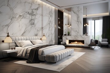  a bedroom with marble walls and flooring and a bed with white sheets and pillows and a fireplace in the corner.