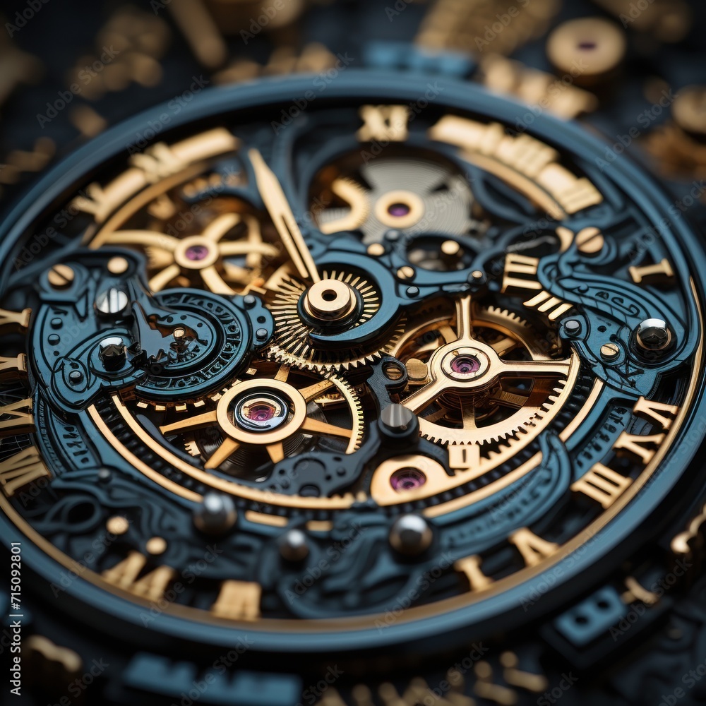 Poster a close up of a watch face with a lot of gears in the middle of the face and a lot of gears in the m
