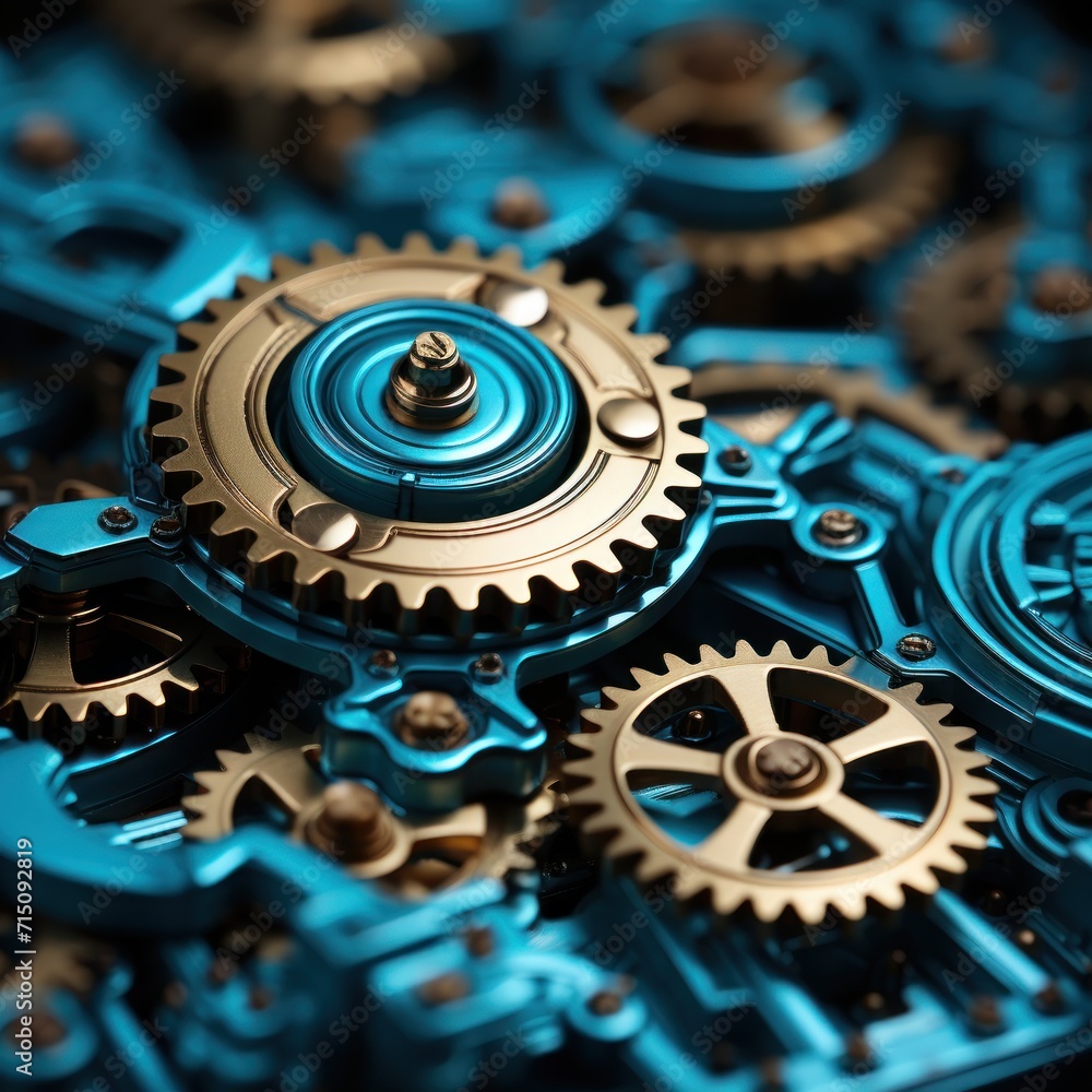 Poster a close up of a group of gears on a blue surface with a blurry image of the gears in the background.