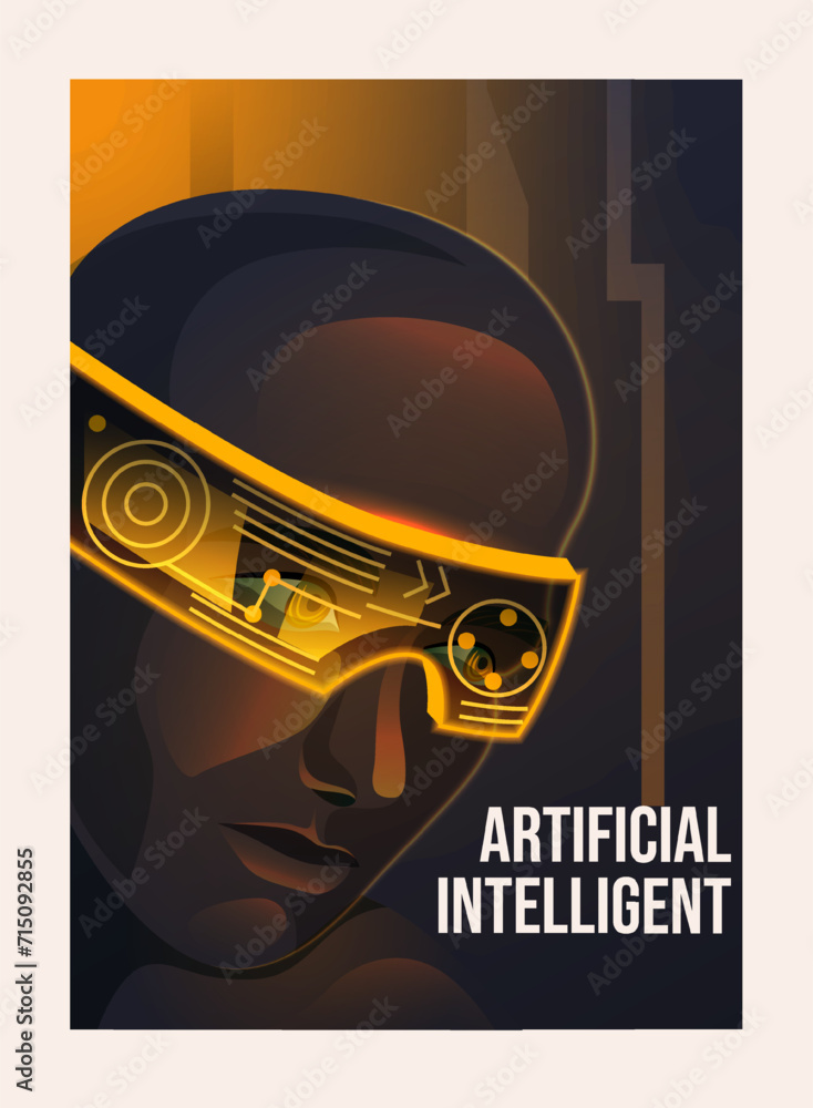 Poster artificial intelligence poster. futuristic cover with character using holographic glasses with ai. m