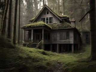 Abandoned house in the forest. Generative AI
