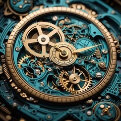  a close up of a watch face with a blue and gold clock face in the middle of the watch face.