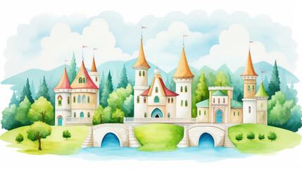 Whimsical Disney-like castle surrounded by charming European village cartoon drawing, Water color style, AI Generated