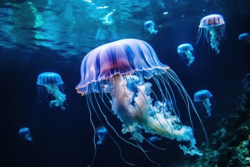  a group of jellyfish swimming in an aquarium with blue water and green algaes on the bottom of the water.