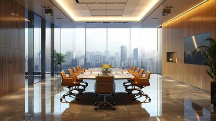 High-Rise Office Tower Executive Meeting in Modern Conference Room