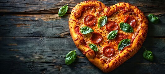 Heart shaped pizza on vintage wooden background. The concept of romantic love for Valentine's Day - obrazy, fototapety, plakaty