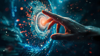 A hand reaching out to touch a captivating data vortex with swirling light particles - obrazy, fototapety, plakaty