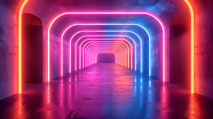 Vibrant neon-lit corridor abstract background with luminous laser technology