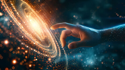 A hand reaching out to touch a captivating data vortex with swirling light particles - obrazy, fototapety, plakaty
