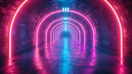 Dark room with abstract neon lights and laser lines, creating a glowing tunnel background - obrazy, fototapety, plakaty