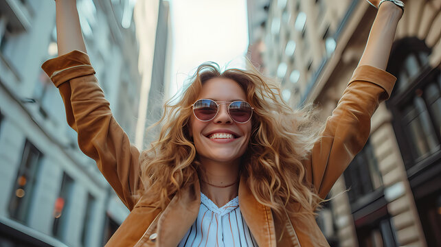 Exuberant business professional ecstatically celebrating amidst city skyscrapers