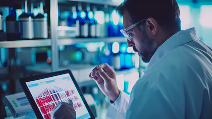Professional researcher analyzing experiment results on a sizable tablet display