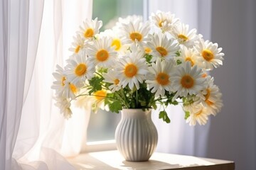  a vase filled with white and yellow daisies on a window sill in front of a curtained window.
