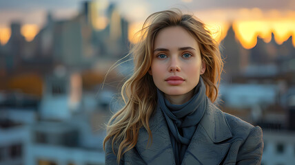 Obraz premium Young confident businesswoman standing on a rooftop against the city skyline backdrop