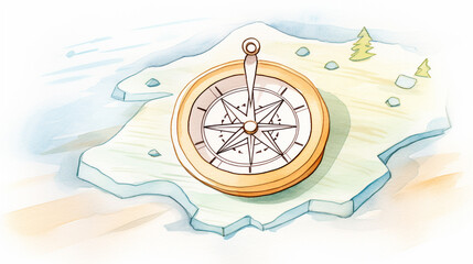 Close-up of compass laying on topographic map cartoon drawing, Water color style, AI Generated