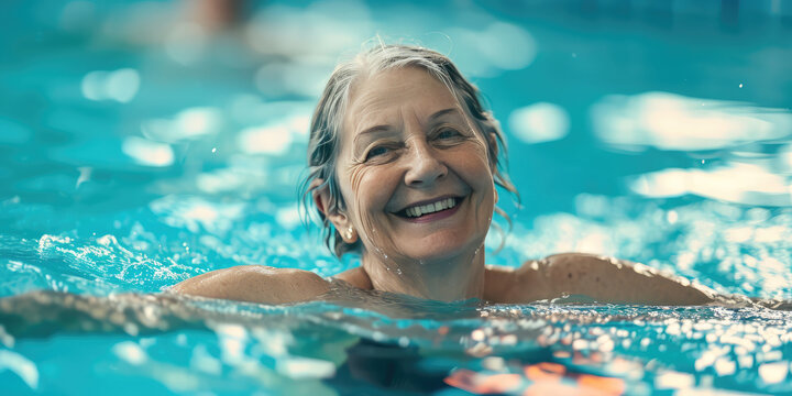 Joyful grey hair Senior Woman Swimming in Pool. Smiling elderly female enjoying a leisurely swim in a clear blue pool.