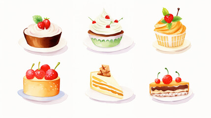Desserts and bouquets, Cartoon drawing, Water color style, AI Generated
