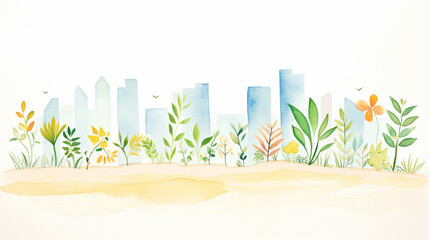 Herbs and beach and skylines, Cartoon drawing, Water color style, AI Generated