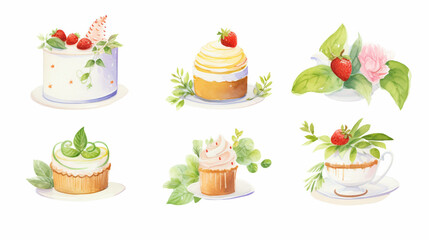 Herbs and cakes, Cartoon drawing, Water color style, AI Generated