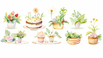 Herbs and cakes, Cartoon drawing, Water color style, AI Generated