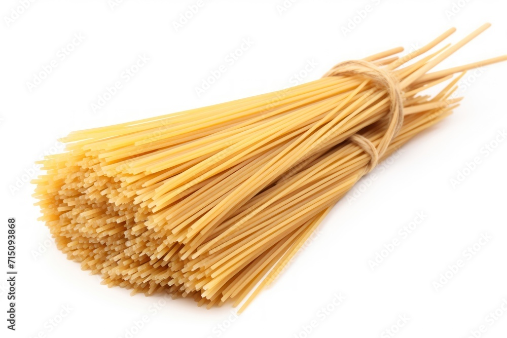 Poster a bundle of uncooked spaghetti on a white background with a string tied around the top of the noodle