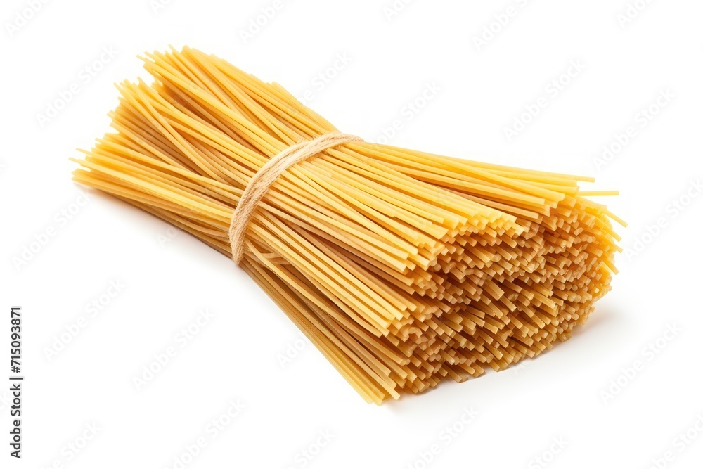 Poster a bunch of uncooked pasta sticks on a white background with a string tied around the end of each of 