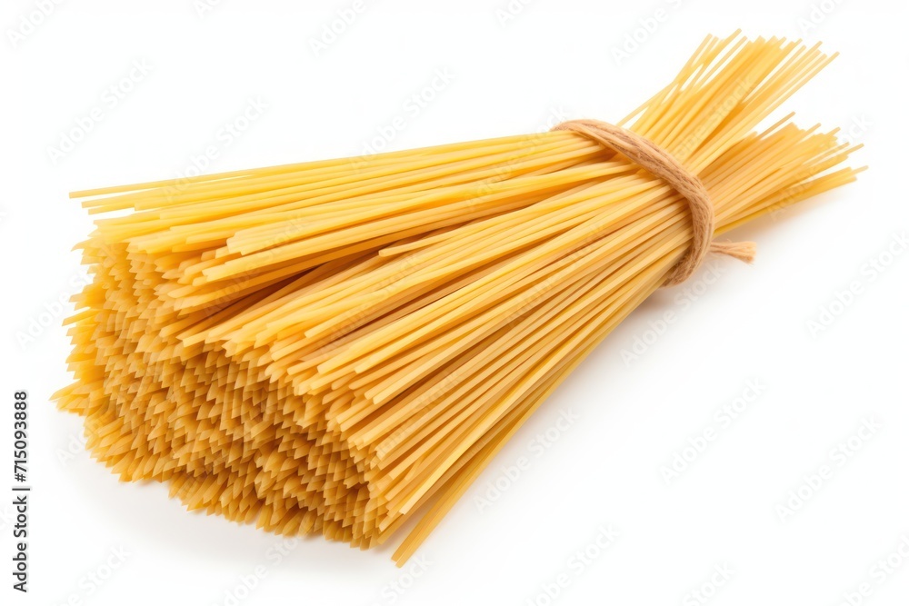 Poster a bunch of uncooked pasta on a white background with a piece of string attached to the top of it.