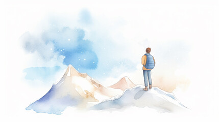 Lonely traveler standing on snowy mountain peak cartoon drawing, AI Generated