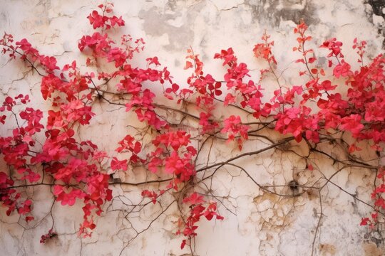  a close up of a vine with red flowers on a white wall with peeling paint 