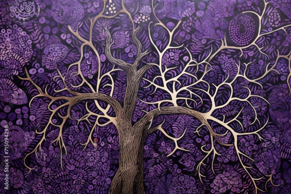 Poster a painting of a tree in front of a purple background with swirls and circles on the tree's branches.