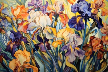  a painting of a bunch of flowers that are in some kind of flowery plant with many colors of purple, orange, yellow, and blue.