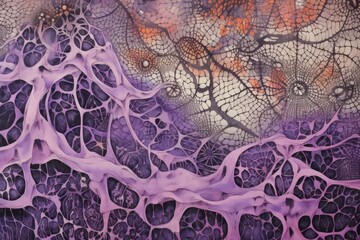  a close up of a painting on a wall with a purple and orange design on the side of the wall.