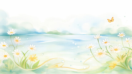 Rivers and daisies, Cartoon drawing, Water color style, AI Generated
