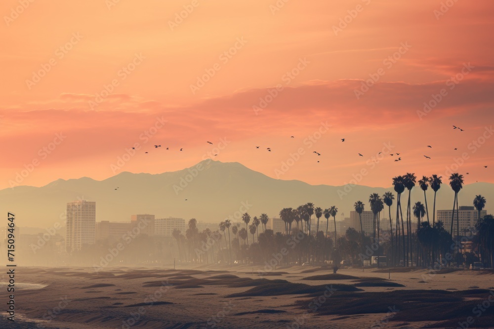 Aufkleber a view of a beach with palm trees in the foreground and a city in the distance with mountains in the