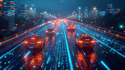 Vehicles on a futuristic highway, high security with advanced technology, generative ai