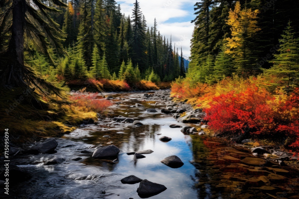 Aufkleber a stream running through a forest filled with lots of tall pine trees and red and yellow foliage on 