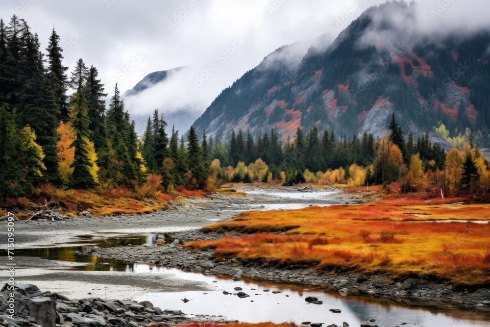Poster a river in the middle of a forest with a mountain in the background with trees in the foreground and