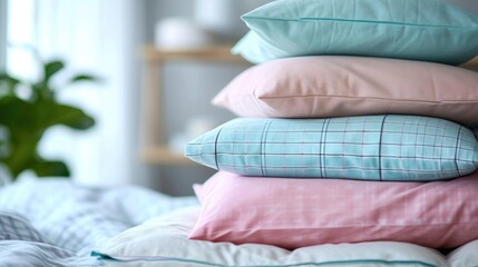 Fototapeta na wymiar a stack of pillows. pillowcases in pastel blue, pink, mint colors with small checks and stripes on a white background of a blurred bedroom.