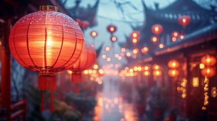 Lantern-lit Traditional Street, A vibrant shot of a traditional Chinese street adorned with red lanterns, bustling with Chinese new year festivities