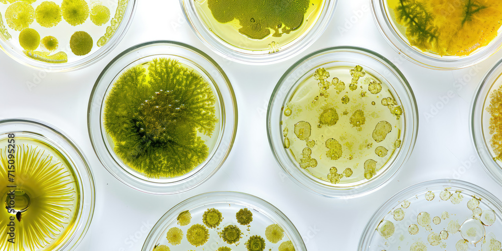 Wall mural microalgae variety in laboratory petri dishes wallpaper pattern. top view of diverse green microalga