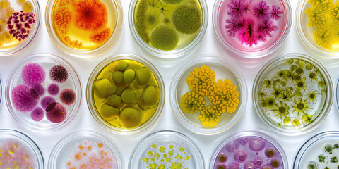 Obraz na płótnie Canvas Microalgae Variety in Laboratory Petri Dishes wallpaper pattern. Top view of diverse multicolored microalgae samples in scientific petri dishes on white background.