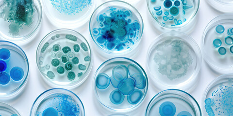 Microalgae Variety in Laboratory Petri Dishes wallpaper pattern. Top view of diverse blue microalgae samples in scientific petri dishes on white background. - obrazy, fototapety, plakaty