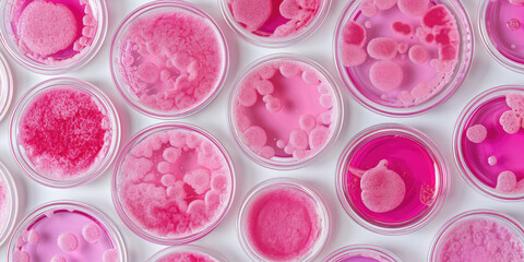 Microalgae Variety in Laboratory Petri Dishes wallpaper pattern. Top view of diverse pink microalgae samples in scientific petri dishes on white background.