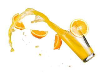 Orange juice with fresh orange slices splash from a glass on white background - 715095289