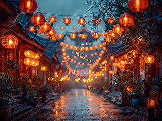 Obraz na płótnie Canvas Lantern-lit Traditional Street, A vibrant shot of a traditional Chinese street adorned with red lanterns, bustling with Chinese new year festivities